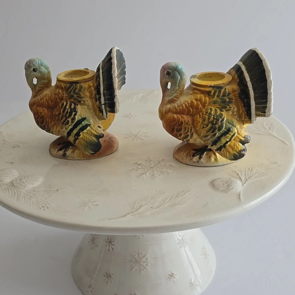 Vintage Napcoware Set Of 2 Turkey Handpainted  Ceramic Candleholders